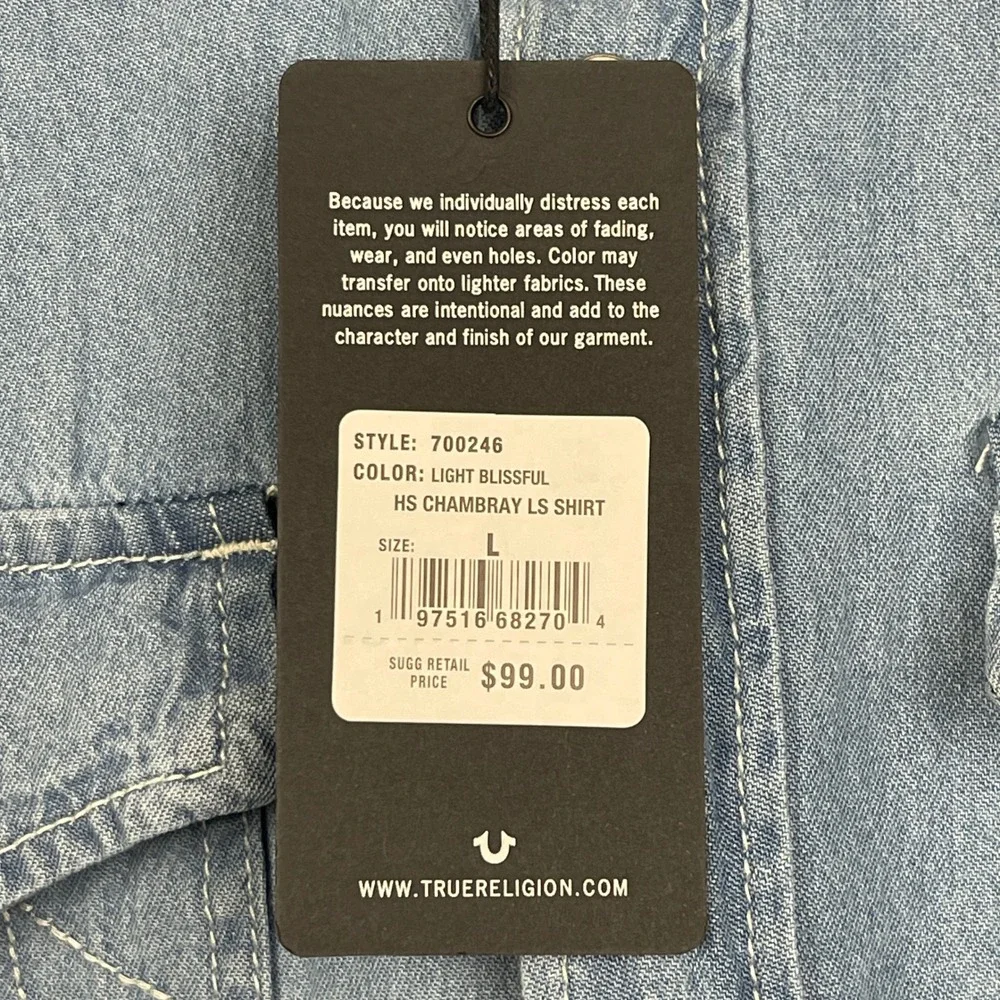 NEW True Religion Denim Long Sleeve Shirt‎ Mens L Western Chambray Pearl Snap